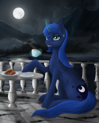 Size: 2610x3239 | Tagged: safe, artist:dezdark, princess luna, g4, alternate hairstyle, bread, coffee, croissant, ear piercing, earring, fangs, female, food, high res, jewelry, lake, makeup, moon, mountain, night, piercing, river, scenery, solo, water