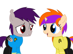 Size: 1600x1200 | Tagged: safe, artist:toyminator900, oc, oc only, oc:coldfire (bat pony), oc:quick note, bat pony, pony, unicorn, colt, female, filly, male, simple background, star trek, transparent background