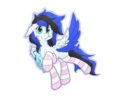 Size: 2560x2048 | Tagged: safe, artist:pich-un, oc, oc only, oc:black ice, pegasus, pony, blushing, clothes, colored wings, cute, happy, heart eyes, high res, looking at you, multicolored wings, pillow, raised hoof, raised leg, simple background, smiling, socks, striped socks, transparent background, wingding eyes