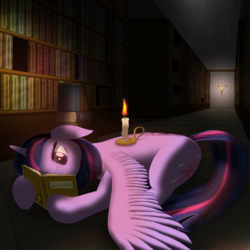 Size: 1000x1000 | Tagged: safe, artist:ilyasnow, twilight sparkle, alicorn, pony, g4, book, bookshelf, candle, female, floppy ears, hoof hold, indoors, library, mare, prone, reading, relaxing, smiling, solo, twilight sparkle (alicorn), wings down