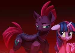 Size: 1920x1358 | Tagged: safe, artist:taneysha, tempest shadow, twilight sparkle, alicorn, pony, unicorn, g4, my little pony: the movie, armor, broken horn, eye scar, eyeshadow, female, gradient background, horn, lidded eyes, looking at each other, makeup, mare, scar, smiling, twilight sparkle (alicorn), wings