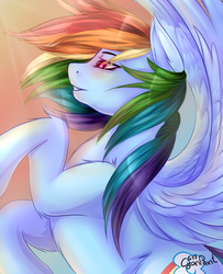 Size: 1300x1600 | Tagged: safe, artist:wolfchen999, rainbow dash, pegasus, pony, g4, blushing, female, fluffy, hoofy-kicks, mare, multicolored hair, solo, windswept mane