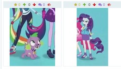 Size: 826x468 | Tagged: safe, edit, screencap, rainbow dash, rarity, sci-twi, spike, spike the regular dog, twilight sparkle, dog, derpibooru, equestria girls, g4, my little pony equestria girls: better together, converse, geode of shielding, juxtaposition, magical geodes, meta, rarity peplum dress, shoes, smiling