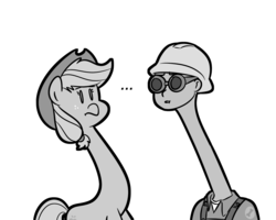Size: 1280x1024 | Tagged: safe, artist:doodling-is-magic, applejack, g4, ..., crossover, engineer, grayscale, long neck, meme, monochrome, nope.avi, simple background, team fortress 2, white background
