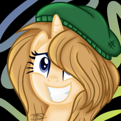 Size: 800x800 | Tagged: safe, artist:morries123, oc, oc only, oc:heart catcher, pony, unicorn, abstract background, base used, beanie, bust, female, grin, hair over one eye, hat, mare, nervous, nervous smile, portrait, smiling, solo
