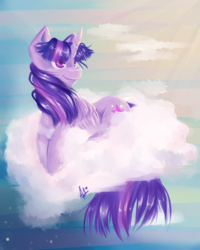 Size: 2000x2500 | Tagged: safe, artist:thefluffyvixen, twilight sparkle, alicorn, pony, g4, cloud, female, high res, mare, signature, sky, smiling, solo, twilight sparkle (alicorn)