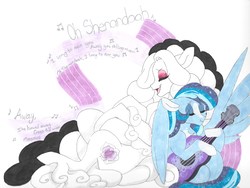 Size: 6336x4752 | Tagged: safe, artist:frozensoulpony, oc, oc only, oc:azure, oc:rose, earth pony, pegasus, pony, absurd resolution, female, guitar, mare, traditional art