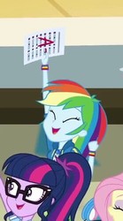 Size: 278x501 | Tagged: safe, screencap, fluttershy, rainbow dash, sci-twi, twilight sparkle, equestria girls, g4, my little pony equestria girls: better together, the finals countdown, a-, cropped, female, geode of super speed, grades, magical geodes, offscreen character