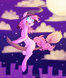 Size: 1024x1201 | Tagged: safe, artist:breeoche, pinkie pie, g4, broom, female, flying, flying broomstick, hat, solo, witch hat