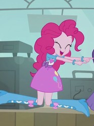 Size: 343x460 | Tagged: safe, screencap, pinkie pie, a case for the bass, equestria girls, g4, my little pony equestria girls: rainbow rocks, boots, clothes, cropped, eyes closed, female, shoes, skirt, smiling, solo