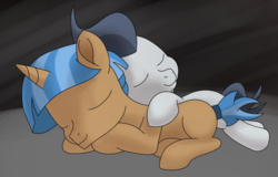 Size: 1363x873 | Tagged: safe, artist:foal, mocha berry, rumble, pegasus, pony, unicorn, g4, colt, cuddling, eyes closed, male, prone, sleeping, smiling