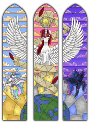 Size: 2471x3502 | Tagged: safe, artist:evil-dec0y, princess celestia, princess luna, oc, oc:fausticorn, alicorn, pony, g4, high res, stained glass