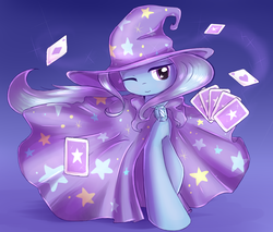 Size: 1055x900 | Tagged: safe, artist:nika191319, trixie, pony, unicorn, g4, cape, card, card trick, clothes, cute, diamond, diatrixes, female, gradient background, hat, heart, levitation, magic, mare, one eye closed, playing card, raised hoof, smiling, solo, starry eyes, stars, telekinesis, trixie's cape, trixie's hat, wingding eyes, wink