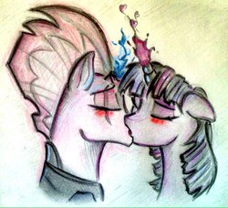 Size: 960x876 | Tagged: safe, artist:twiontheline, fizzlepop berrytwist, tempest shadow, twilight sparkle, pony, unicorn, g4, my little pony: the movie, duo, female, kiss on the lips, kissing, lesbian, mare, ship:tempestlight, shipping, traditional art