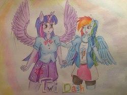 Size: 960x720 | Tagged: safe, artist:twiontheline, rainbow dash, twilight sparkle, equestria girls, g4, female, horn, lesbian, ponied up, ship:twidash, shipping, spread wings, traditional art, wingboner, wings