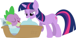 Size: 3584x1813 | Tagged: safe, artist:porygon2z, spike, twilight sparkle, dragon, pony, unicorn, g4, owl's well that ends well, basket, cute, duo, female, lidded eyes, male, mama twilight, mare, misleading thumbnail, spikabetes, twiabetes, unicorn twilight