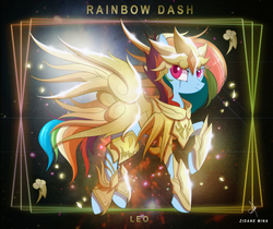 Size: 3840x3232 | Tagged: safe, artist:zidanemina, rainbow dash, pegasus, pony, g4, armor, crossover, female, high res, leo, mare, multicolored hair, raised hoof, saint seiya, solo, zodiac