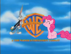 Size: 1025x770 | Tagged: safe, pinkie pie, earth pony, pony, rabbit, g4, animal, bugs bunny, eating, logo, looney tunes, male, pinkie being pinkie, warner brothers
