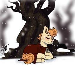 Size: 894x894 | Tagged: safe, artist:mkclaassicarts, oc, oc only, oc:melody (potion mare), pegasus, pony, fanfic:potion mare, alchemist, clothes, cold, crying, dead tree, digital art, eyes closed, fanfic, fanfic art, female, forest, implied tail hole, mare, prone, robe, sad, snow, snowfall, solo, tree