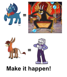 Size: 679x785 | Tagged: safe, artist:peachiekeenie, bray, grogar (g1), devil, donkey, sheep, g1, g4, cloven hooves, cuphead, exploitable meme, g1 to g4, generation leap, make it happen, male, meme, ram