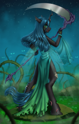 Size: 1000x1563 | Tagged: safe, artist:jay-kuro, queen chrysalis, changeling, changeling queen, worm, anthro, unguligrade anthro, g4, bubble, clothes, dress, female, looking at you, looking back, nail polish, open mouth, plant, rear view, scythe, sky, smiling, solo, stars, vine, wings