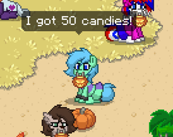 Size: 548x434 | Tagged: safe, oc, oc only, oc:spearmint, pony, pony town, bikini, clothes, crossdressing, halloween, holiday, male, mouth hold, pumpkin, pumpkin bucket, swimsuit, trap