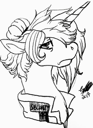 Size: 2433x3369 | Tagged: safe, artist:brainiac, oc, oc only, oc:gin rummy, pony, unicorn, black and white, chest fluff, clothes, female, floppy ears, grayscale, high res, inktober, inktober 2017, mare, monochrome, solo, traditional art