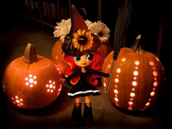 Size: 840x630 | Tagged: safe, artist:whatthehell!?, edit, sunset shimmer, equestria girls, g4, boots, broom, clothes, doll, equestria girls minis, flower, halloween, hat, holiday, irl, jack-o-lantern, lamp, outfit, photo, pumpkin, shoes, sunflower, toy, witch