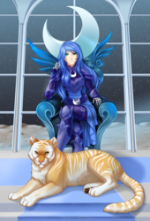 Size: 1000x1471 | Tagged: safe, artist:jay-kuro, princess luna, big cat, human, tiger, g4, armor, commission, crossed legs, duo, female, humanized, long hair, looking at you, moon, sitting, stars, throne, woman
