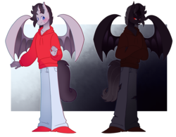 Size: 1489x1163 | Tagged: safe, artist:ruhiana, oc, oc only, oc:the darkness, alicorn, bat pony, bat pony alicorn, anthro, alicorn oc, anthro oc, bat wings, dark skin, duality, light skin, male, ponysona, simple background, transparent background