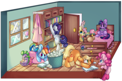 Size: 6526x4328 | Tagged: safe, artist:cutepencilcase, applejack, bon bon, derpy hooves, discord, fluttershy, lyra heartstrings, pinkie pie, rainbow dash, rarity, seabreeze, spike, sweetie drops, twilight sparkle, breezie, draconequus, dragon, earth pony, pegasus, pony, unicorn, g4, absurd resolution, bed, bedroom, book, bookshelf, breaking the fourth wall, female, looking at each other, mane six, mare, sleeping, smiling, window