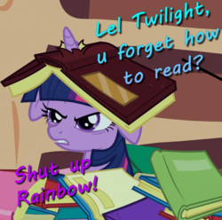 Size: 524x520 | Tagged: safe, screencap, twilight sparkle, g4, annoyed, book, floppy ears, golden oaks library, implied rainbow dash, shut up