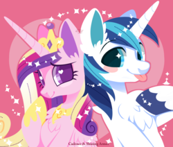 Size: 1000x849 | Tagged: safe, artist:snow angel, princess cadance, shining armor, alicorn, pony, unicorn, :p, blush sticker, blushing, chest fluff, colored pupils, cute, cutedance, ear fluff, featured image, female, heart, heart background, heart eyes, husband and wife, jewelry, lidded eyes, looking at you, male, mare, pink background, raised hoof, regalia, shining adorable, shiningcadance, shipping, signature, silly, simple background, smiling, sparkles, stallion, starry eyes, straight, sweet dreams fuel, tongue out, wing fluff, wingding eyes