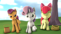 Size: 1280x720 | Tagged: safe, artist:szczerbix, apple bloom, scootaloo, sweetie belle, earth pony, pegasus, pony, unicorn, g4, 3d, adorabloom, basket, cute, cutie mark crusaders, diasweetes, eyes closed, grass field, looking at you, rope, source filmmaker, tree