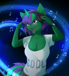 Size: 1972x2160 | Tagged: safe, artist:reysi, oc, oc only, oc:buggy code, anthro, anthro oc, breasts, cleavage, clothes, female, headphones, mare, music notes, shirt, smiling, solo, uniform