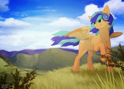 Size: 2502x1800 | Tagged: safe, artist:reysi, oc, oc only, oc:naarkerotics, pegasus, pony, cloud, headphones, male, raised hoof, scenery, sky, solo, stallion