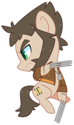 Size: 533x901 | Tagged: safe, artist:riouku, earth pony, pony, anti-hero, bone spike projection, chibi, claws, clothes, crossover, dog tags, green eyes, jacket, james howlett, logan, male, marvel, ponified, serious, serious face, sideburns, simple background, solo, stallion, transparent background, wolverine, x-men