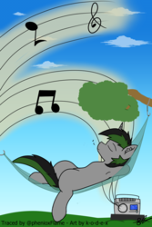 Size: 900x1350 | Tagged: safe, artist:k-o-d-e-x, artist:steamyart, oc, oc only, oc:spectrum heat, armpits, hammock, music, music notes, raido, relaxing, trace