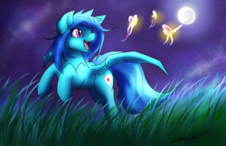 Size: 5100x3300 | Tagged: safe, artist:xeirla, oc, oc only, oc:nightengale, bat pony, butterfly, pony, absurd resolution, bat pony oc, blue, commission, digital art, female, glowing, mare, moon, night, solo, stars, wings