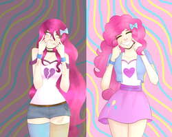 Size: 3984x3166 | Tagged: safe, artist:blueblueberry99, pinkie pie, equestria girls, g4, clothes, cute, eyes closed, high res, human coloration, pinkamena diane pie, shorts, skirt, smiling, socks, thigh highs, zettai ryouiki