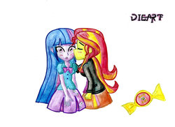 Size: 1024x745 | Tagged: safe, artist:dieart77, sunset shimmer, twilight sparkle, equestria girls, g4, blushing, candy, cheek kiss, eyes closed, female, food, kissing, lesbian, ship:sunsetsparkle, shipping, simple background, surprise kiss, surprised, traditional art