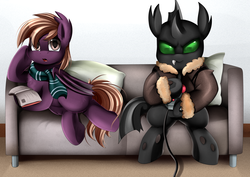 Size: 3550x2509 | Tagged: safe, artist:pridark, oc, oc only, oc:jay walker, changeling, pony, book, changeling oc, clothes, commission, green changeling, high res, male, stallion, video game