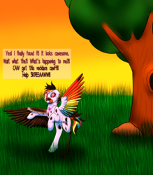 Size: 5080x5800 | Tagged: safe, artist:marsh-mal-oh, rainbow dash, bird, pegasus, pony, raven (bird), g4, absurd resolution, bipedal, caw, cloven hooves, colored wings, cursed, female, frown, grass, grass field, jewelry, mare, necklace, open mouth, rearing, speech change, spread wings, sunset, transformation, tree, wide eyes, wings