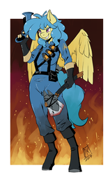 Size: 646x1024 | Tagged: safe, artist:zwitterkitsune, oc, oc only, oc:mercury drop, pegasus, anthro, unguligrade anthro, anthro oc, axe, clothes, female, gun, mare, pyro (tf2), smiling, team fortress 2, weapon