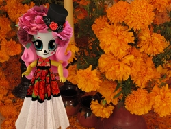 Size: 868x653 | Tagged: safe, artist:whatthehell!?, edit, fluttershy, equestria girls, g4, candle, catrina (calavera garbancera), cempasúchil, clothes, dia de los muertos, doll, equestria girls minis, flower, hat, irl, makeup, outfit, photo, toy