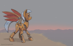 Size: 1600x1014 | Tagged: safe, artist:spyroconspirator, oc, oc only, pegasus, pony, robot, clockwork, dawn, solo, spread wings, stars, wings