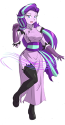 Size: 1551x2991 | Tagged: safe, artist:danmakuman, starlight glimmer, human, equestria girls, g4, breasts, busty starlight glimmer, cheongsam, clothes, commission, female, gloves, looking at you, open mouth, raised leg, shoes, simple background, smiling, solo, stockings, thigh highs, thigh socks, white background