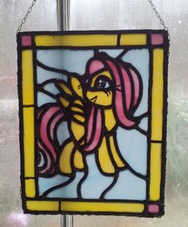 Size: 833x1008 | Tagged: safe, artist:vulpinedesigns, fluttershy, pegasus, pony, g4, craft, irl, photo, solo, stained glass, stained glass (irl)