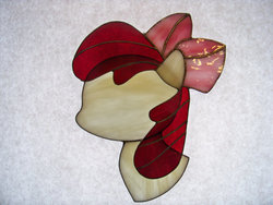 Size: 570x428 | Tagged: safe, artist:wistfulfantasy, apple bloom, earth pony, pony, g4, bust, craft, irl, photo, solo, stained glass, stained glass (irl)