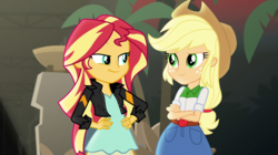 Size: 1280x718 | Tagged: safe, screencap, applejack, sunset shimmer, equestria girls, equestria girls specials, g4, my little pony equestria girls: movie magic, clothes, cowboy hat, denim skirt, freckles, hat, jacket, leather jacket, looking at each other, scenery, skirt, stetson